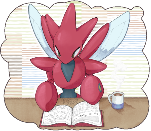 Illustration of the Pokémon Scizor reading a book. The page is titled 'How to Translate'